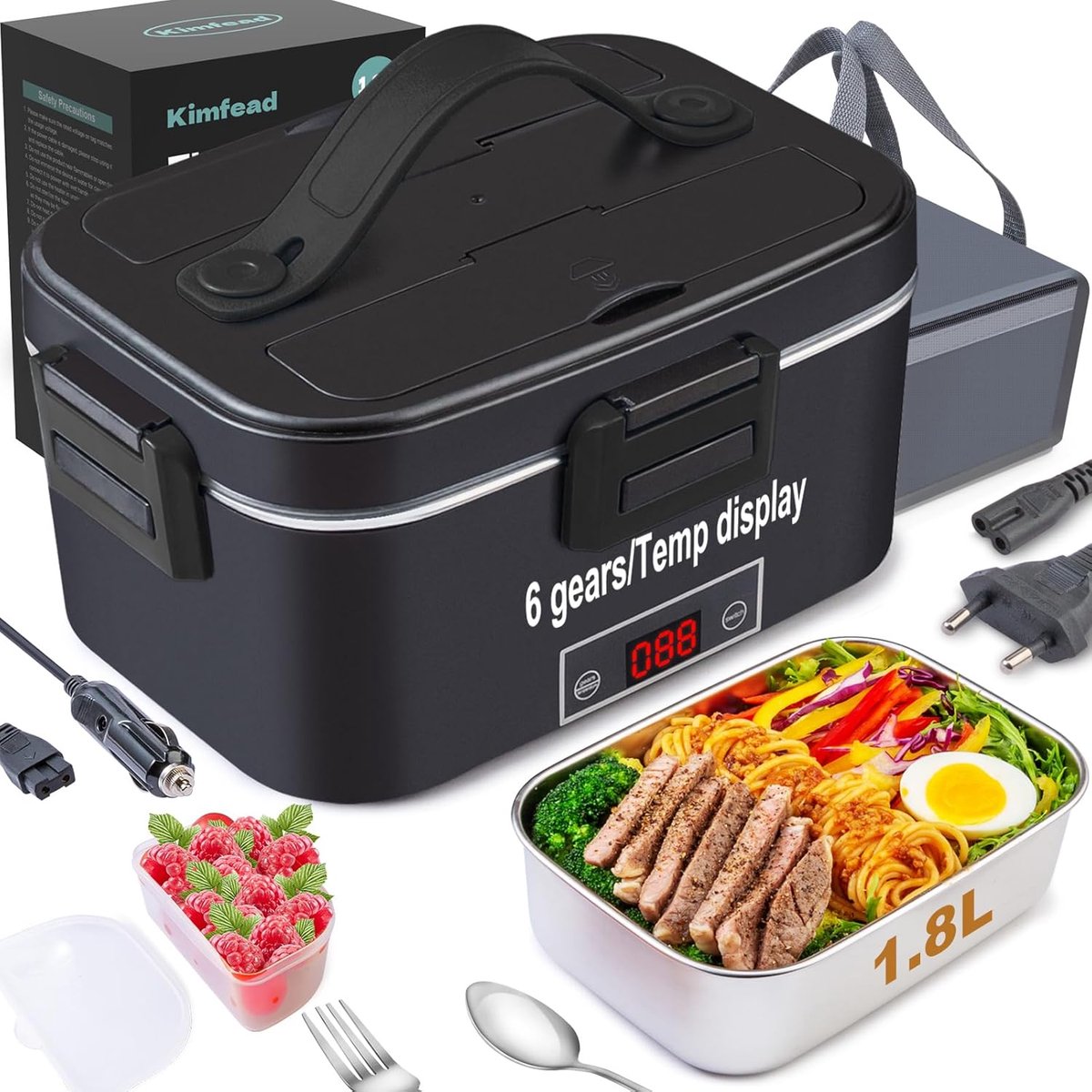SnelShoppen - Elektrische Lunch Box met Temperatuurweergave, 100W, 1.8L, 12/24/230V - RVS 304, Inclusief Isolatie Tas, Ideaal voor Werk, School, Campi