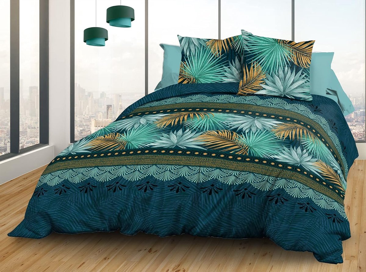 SnelShoppen - Luxe Bedlinnen Set 3-delig - Duvet Dekbedovertrek 220x240 cm - Katoen - Blauw, Groen, Saffraan - Inclusief 2 Kussenslopen 63x63 cm - Per