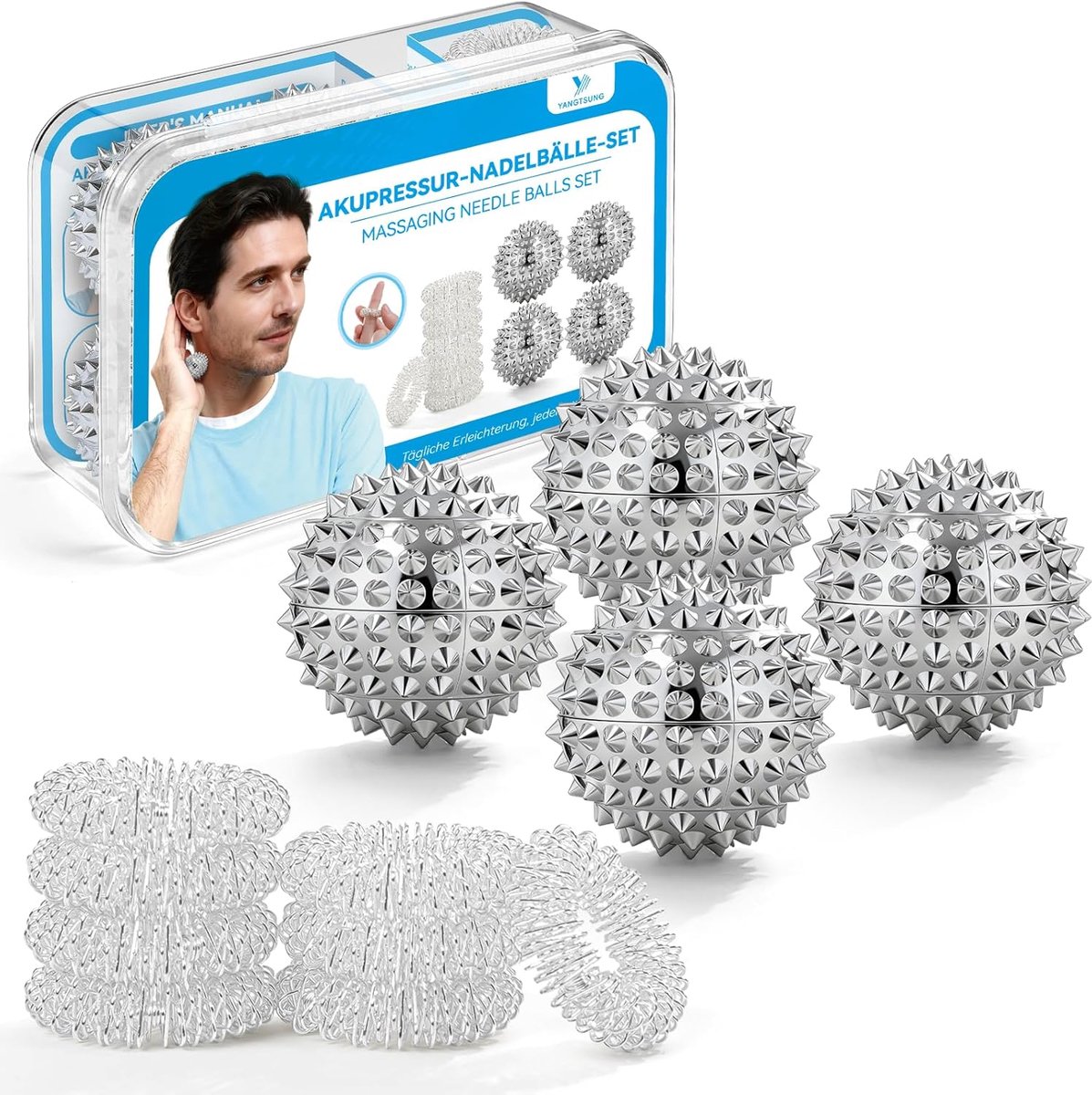 SnelShoppen - Massage Ball Set 4 Magnetische Massageballen + 8 Acupressuur Ringen 30mm - Stressverlichting, Hand- en Voetmassage, Flexibiliteit, Ontsp