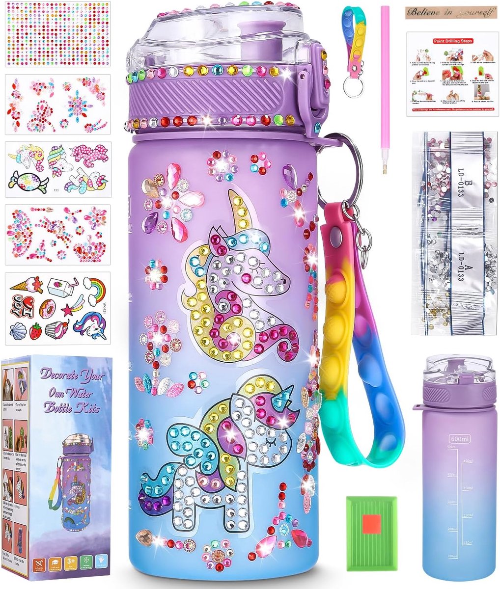 SnelShoppen - Unicorn Drinkfles DIY Set voor Meisjes - Creatieve Knutselset met Diamant Schilderen - Waterfles 600ml met Stickers en Draagriem - Perfe