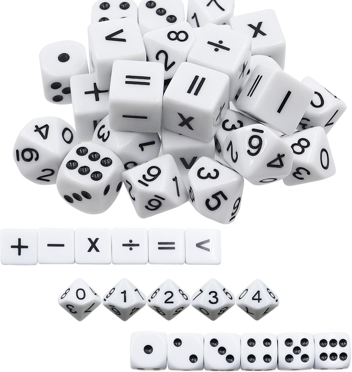 SnelShoppen - 30 Stuks 16mm Acrylaat Wiskunde Dobbelstenen Set - 10 Wiskunde Operatie Dobbelstenen, 10 Punten Dobbelstenen, 10 Cijfers voor Kinderen -