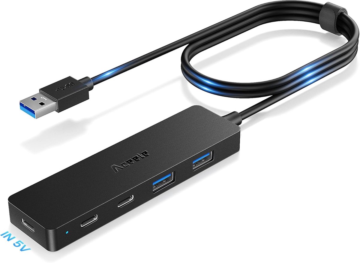 SnelShoppen - USB 3.0 Hub met 2 USB-A en 2 USB-C Poorten, 5Gbps Multiport Splitter met 120cm Kabel, Draagbare Plastic USB Hub voor PC, Laptop, Mac Pro
