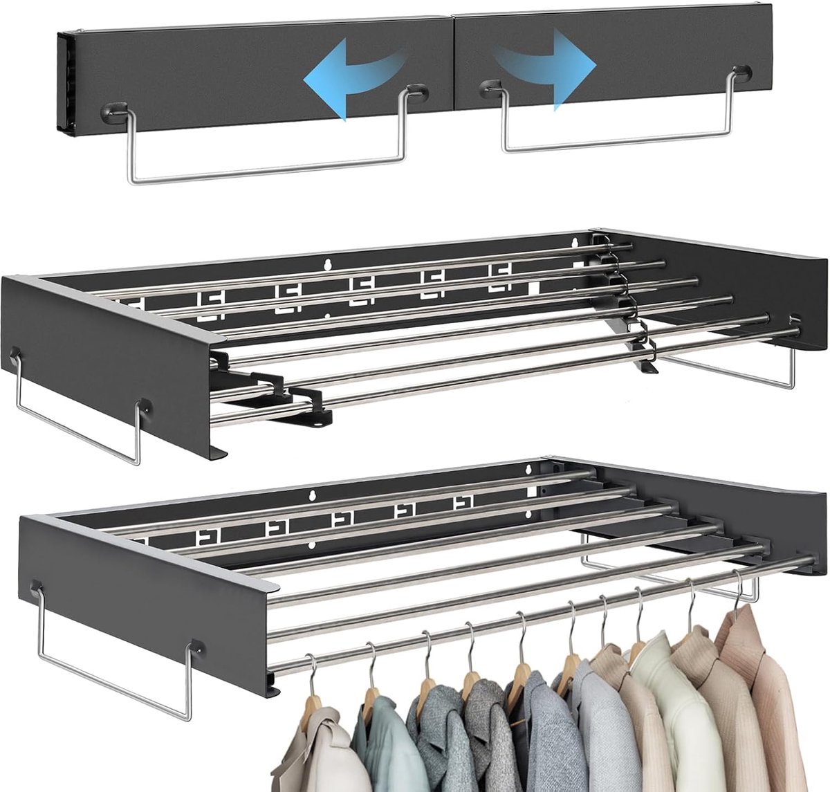 SnelShoppen - Wandgemonteerde Droogrek | Uittrekbare Wasdroger voor Binnen & Buiten | Vouwbare Wasdroger met 6 Rvs Stangen van 100cm - Zwart