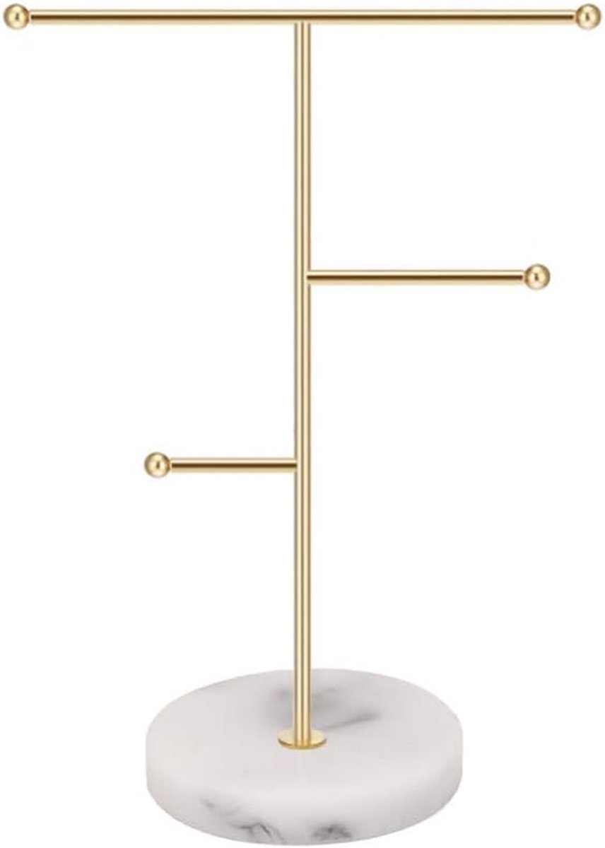 SnelShoppen - Jewelry Stand, Metalen T Bar Sieradenhouder, Minimalistische Sieradenboom voor Kettingen en Oorbellen, Marmerpatroon, Rond Plateau, Goud