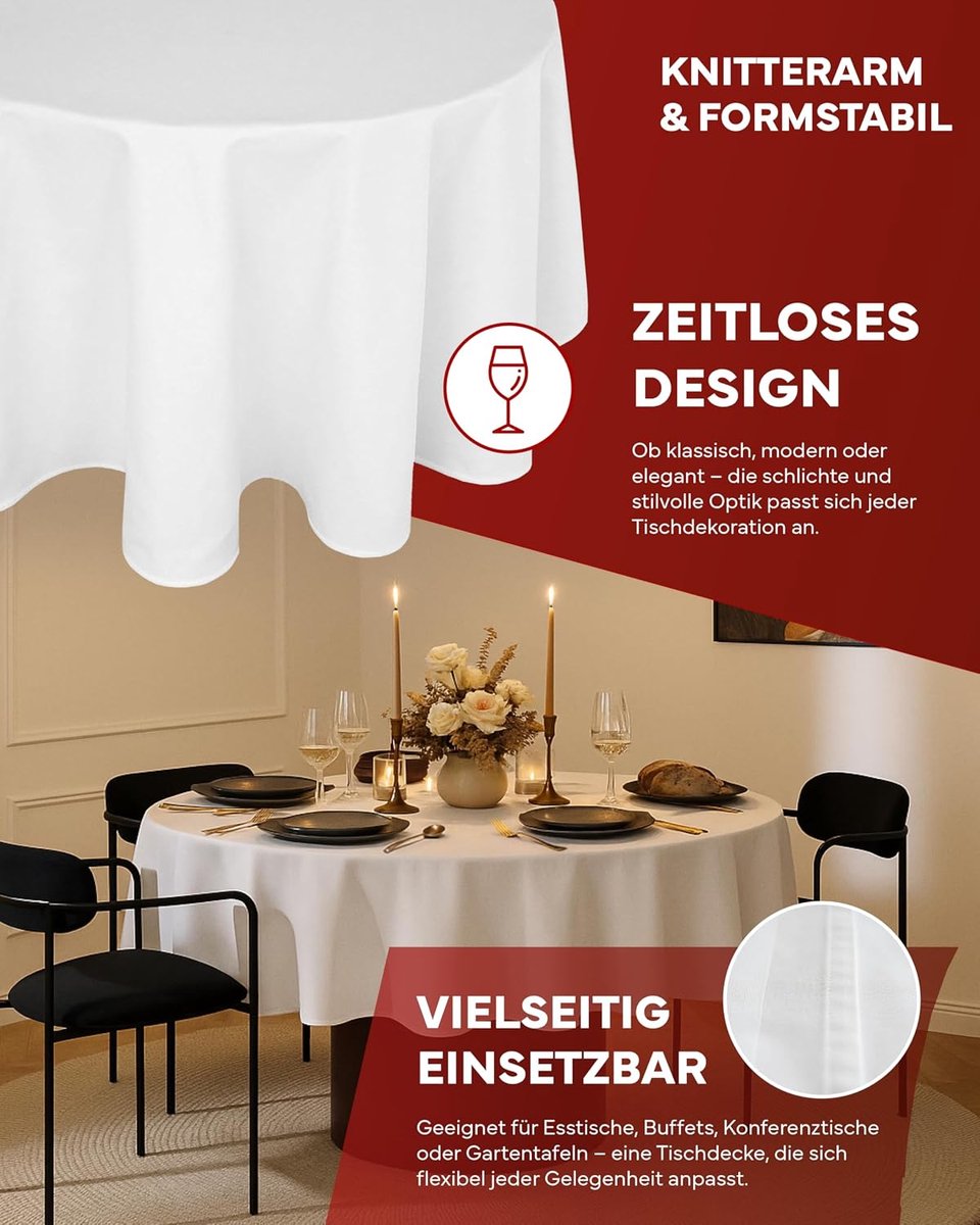 SnelShoppen - Ronde Tafelkleed 100% Katoen Wit 180 cm - Wasbaar tot 95 graden - Perfect voor Feesten, Tuin, Keuken, Restaurant en Hotel