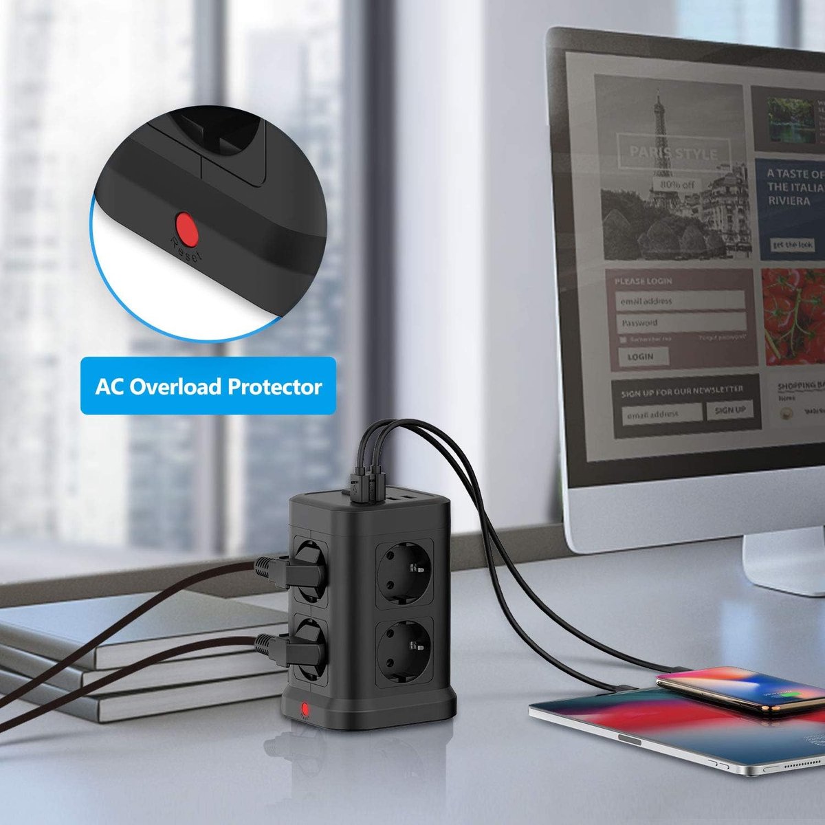 SnelShoppen - 8-voudige Stekkerdoos USB met Schakelaar, 4 USB-poorten (5V / 4,8A), Meervoudige contactdoos Cube, 2 meter kabel, Zwart, Thuis, Kantoor,