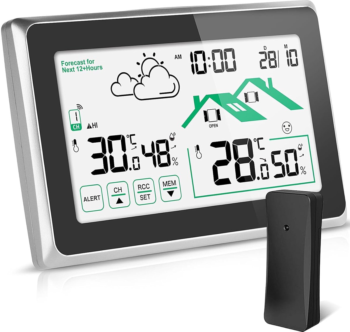 SnelShoppen - Draadloos Weerstation met Buitensensor, Weersvoorspelling, Thermometer, LCD-Touchscreen, DCF-Radioklok voor Binnen en Buiten, Temperatuu