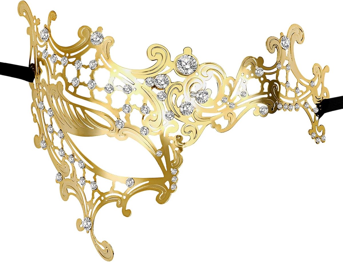 SnelShoppen - Venetiaans Goud Metalen Masker voor Dames - Halfgelaatsmasker met Glitter Strass en Diamanten - Perfect voor Halloween, Carnaval en Brui