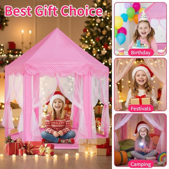 Kasteel Tent - Speeltent Buiten - Tent - met Verlichting - 135x140 cm - Roze — afbeelding 2