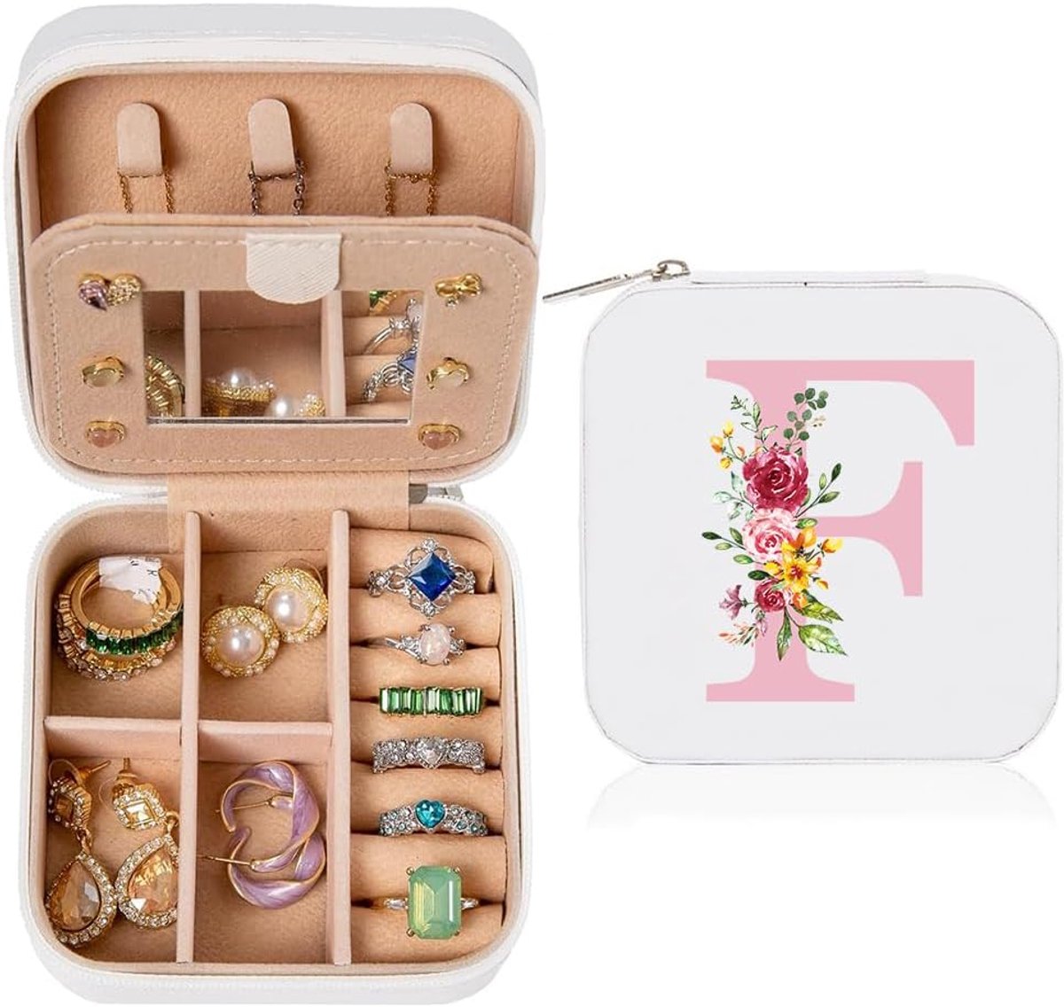 SnelShoppen - Sieradendoosje voor op Reis, Klein, met Initialen F en Bloem, PU-leer, Mini Sieradenopslag voor Dames en Meisjes, Perfect Cadeau voor Ve