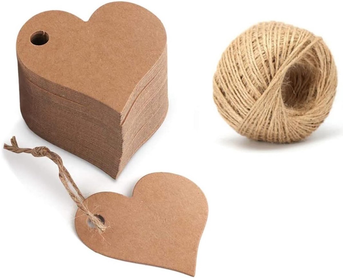 SnelShoppen - 50 Hartvormige Kraftpapier Cadeauhangers met Koord voor Valentijnsdag, Bruiloften, Geschenken, Etiketten, Kraft Papier, Decoratie