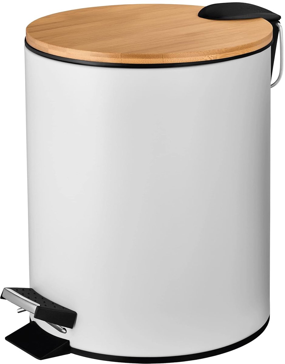 SnelShoppen - 5L Pedaalemmer Cosmetica-afvalemmer in Stijlvol Wit Design | Softclose Mechanisme | Elegante Badkameremmer met Bamboe Houten Deksel | Bi