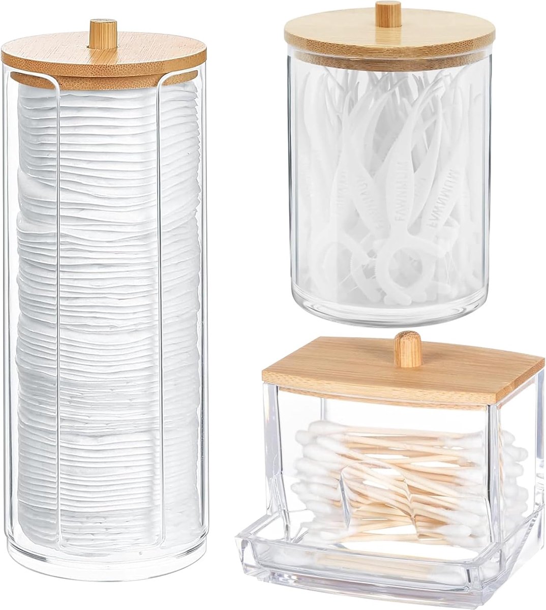 SnelShoppen - 3Pack Wattenschijfhouder en Wattenstaafje Doos - Cosmetische Opbergdoos met Bamboe Deksel - Badkamer Organizer voor Katoenen Pads, Watte