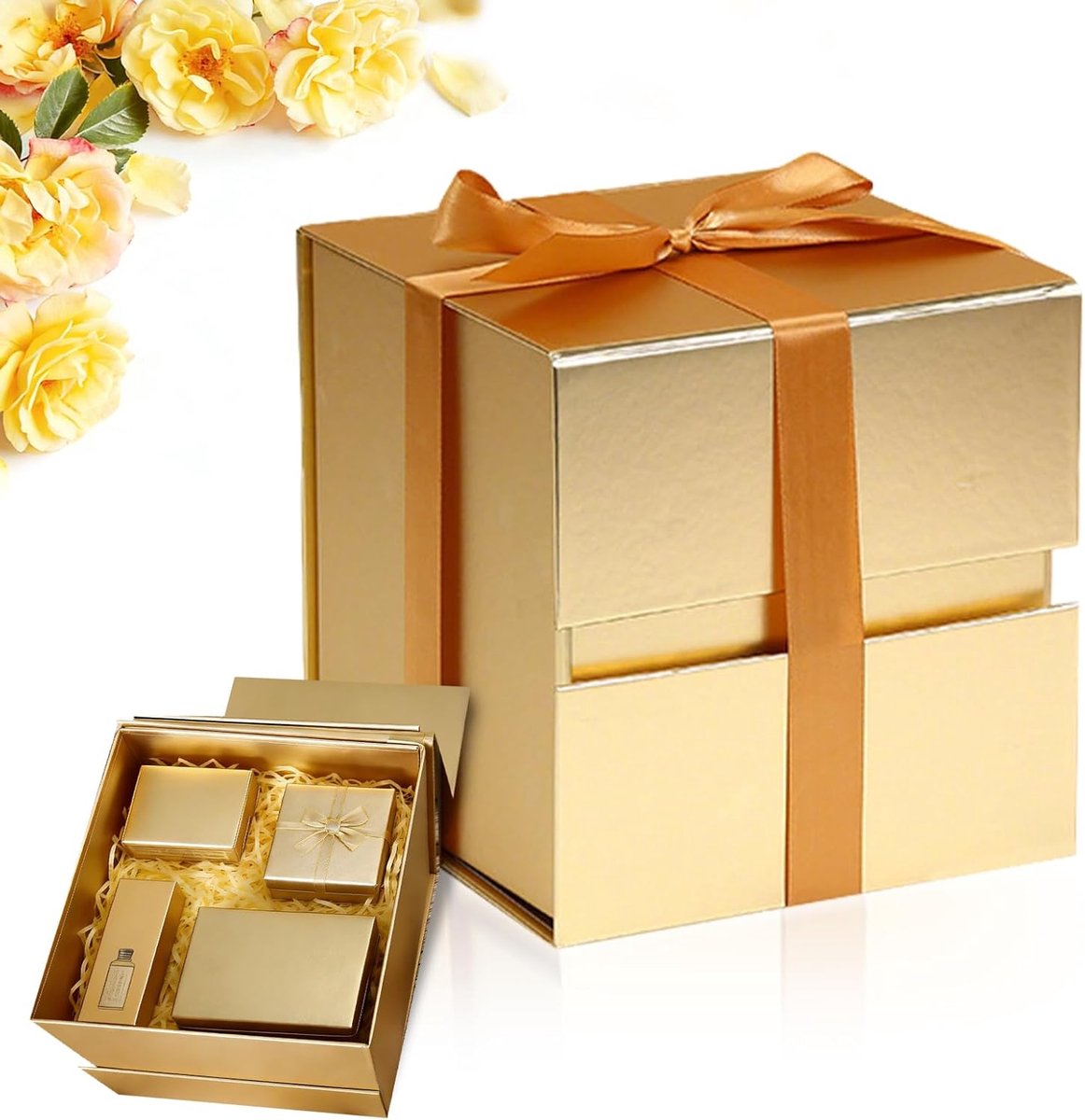 SnelShoppen - Geschenkdoos met Deksel, Luxe Geschenktas met Magneetsluiting en Cadeaulint voor Bruiloften, Verjaardagen, Jubilea - Vierkant Goud - Per