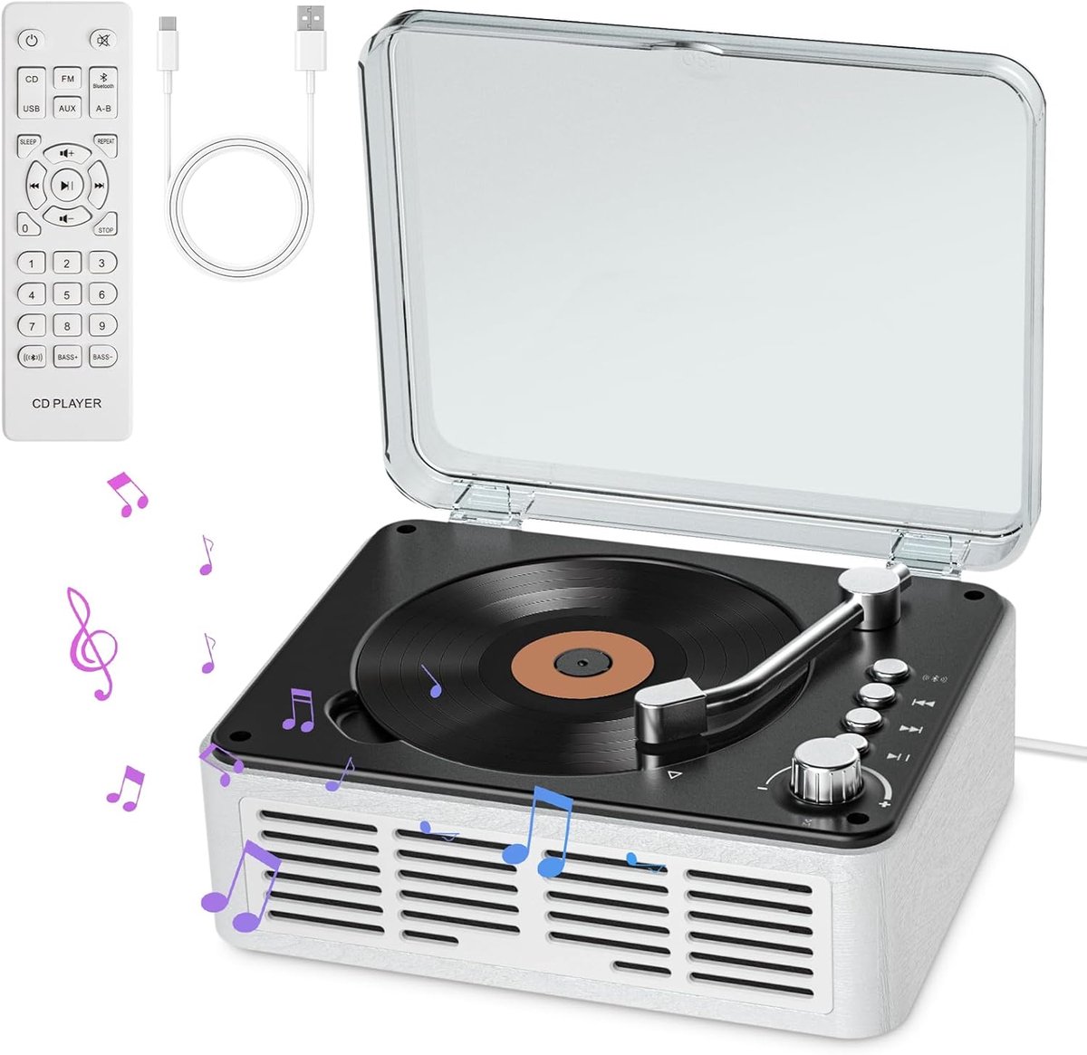 SnelShoppen - Vintage Bluetooth CD-speler met hifi-stereogeluid, FM-radio, afstandsbediening, USB/AUX/Type-C ondersteuning, wit voor thuis, tuin, camp