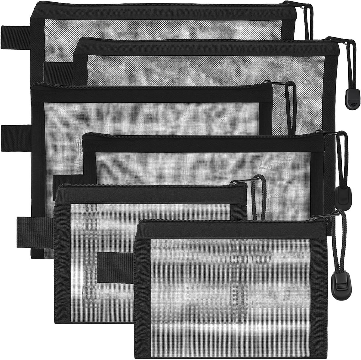 SnelShoppen - 6 stuks Mesh Ritszakken - Transparante Netjes voor Make-up, Cosmetica en Reisbenodigdheden - 3 Maten (Klein, Medium, Groot) - Zwart