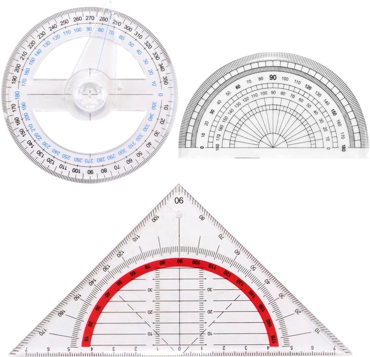 SnelShoppen - Riven Student Tekening Design Liniaal Set 3 stuks - Driedelige Hoekmeetset met 360 Graden Gradenboog, Halve Cirkel en Driehoekige Graden