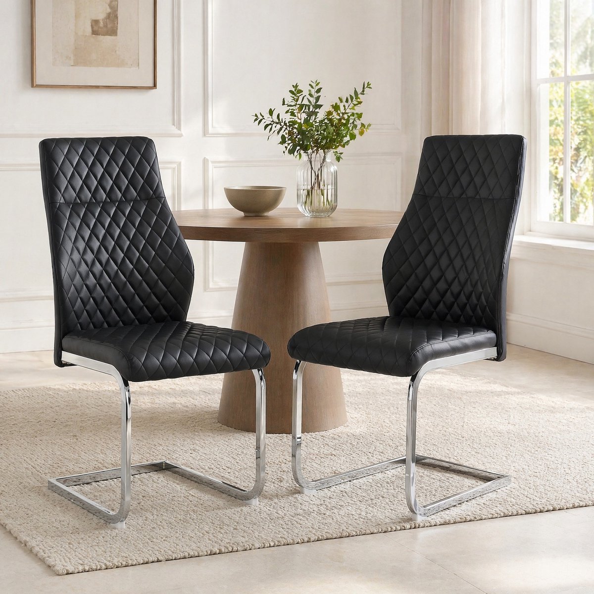 COVREO Eetkamerstoel set van 2 100 x 43 cm - zwart kunstleer met zilverkleurig metalen frame