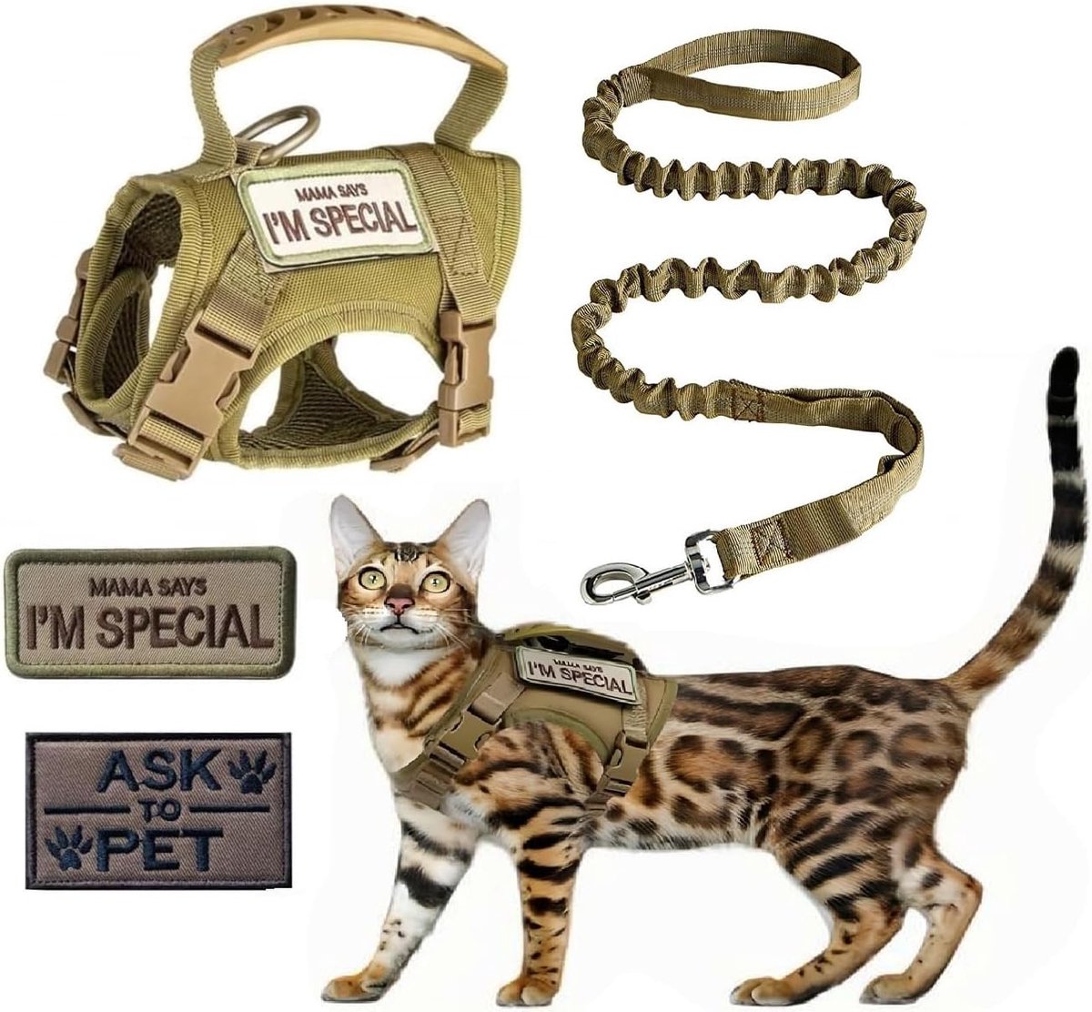 SnelShoppen - Tactical Kat Harnas, Verstelbaar Dieren Wandelen Harnas met Geborduurd Logo, Eenvoudig te Gebruiken, Reflecterende Trekkoord, Ademend en
