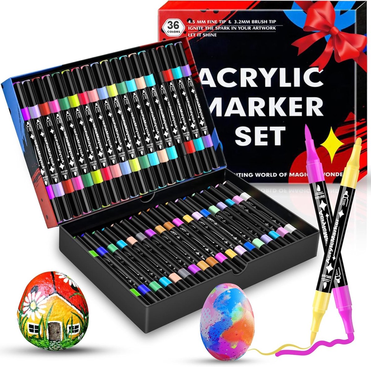 SnelShoppen - 36 Kleuren Acryl Stiften voor Volwassenen, Acryl Verf Markers, Sneldrogend & Vlekvrij, Niet-Toxisch & Geurloos, Voor Steen/Hout/Glas/Sto