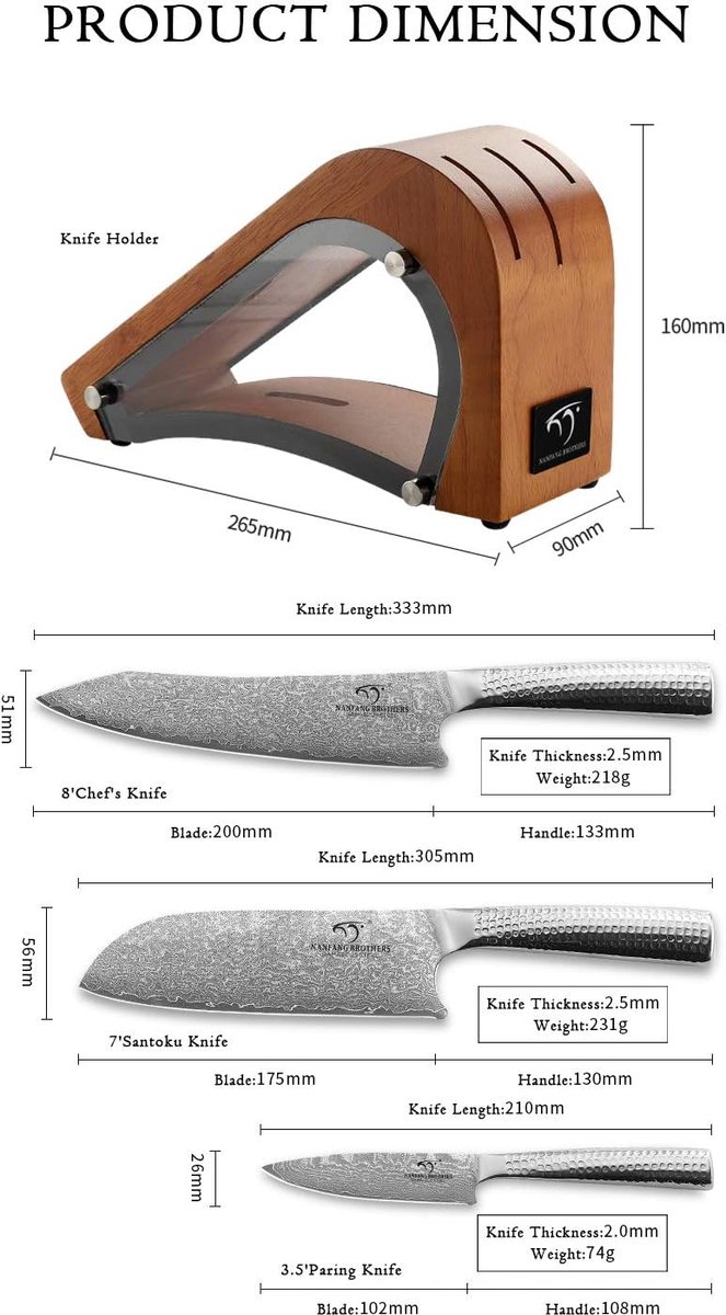 SnelShoppen - Professioneel Koksmes Set 67 Lagen VG10 Staal met Hamerstructuur Handvatten en Houten Block, 10cm tot 20cm Keukenmessen voor Koken en Be