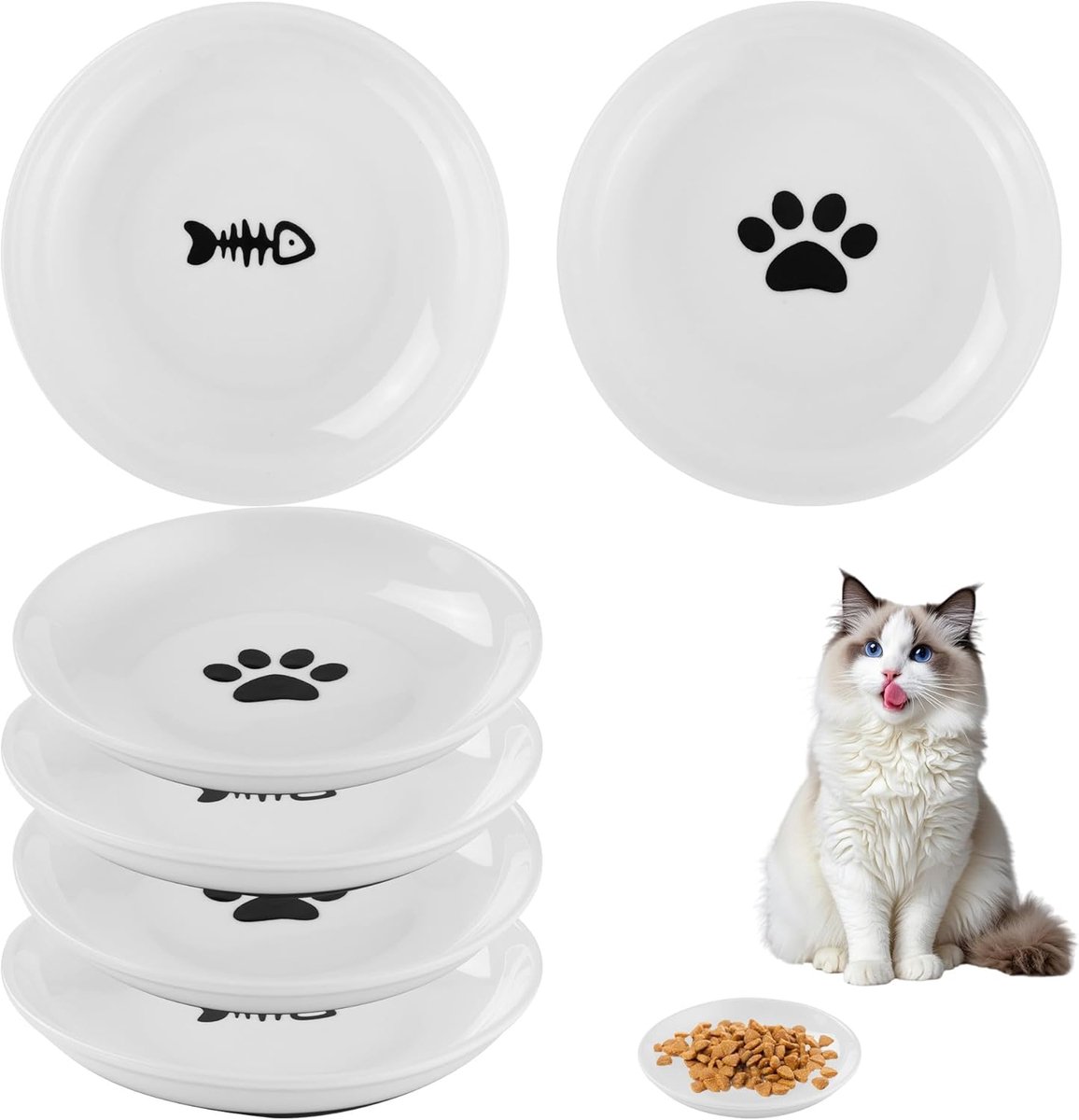 SnelShoppen - 6 Keramische Katten- en Puppy Voerbakken met Rubber Antislip Onderkant - Diameter 15cm - Duurzaam en Makkelijk Schoon te Maken - Ideaal