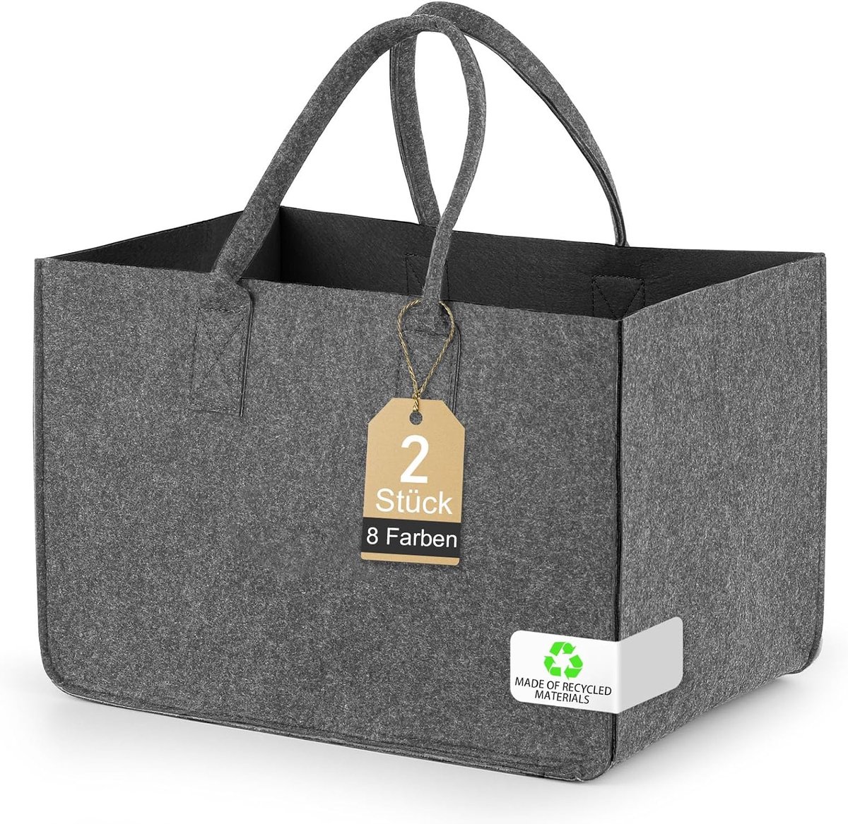 SnelShoppen - Shopping Basket en Shopping Bag met Handvat, Felt Bag voor Haardhout, Outdoor Trips, Picknick, Winkelen, Grijs - Zwart, 2 PCS