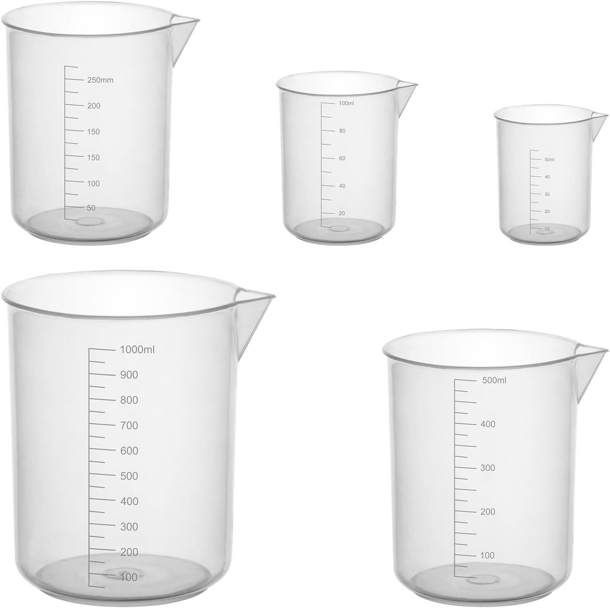 SnelShoppen - Meetbekers Set Plastic, Duidelijke Plastic Maatbeker met Spout, 5 Maten 50ml/100ml/250ml/500ml/1000ml voor Laboratorium, Keuken en DIY P