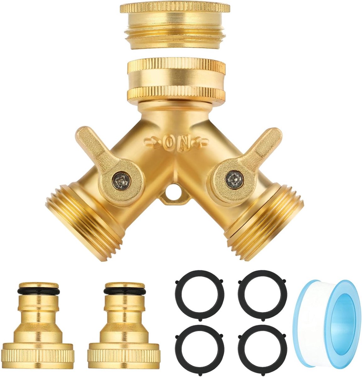 SnelShoppen - Flintronic 2 Way Brass Hose Splitter 3/4" Tuinslang Verdeelstuk met Individuele On/Off en 2 Snelle Koppelingen voor Tuin en Buiten, Goud