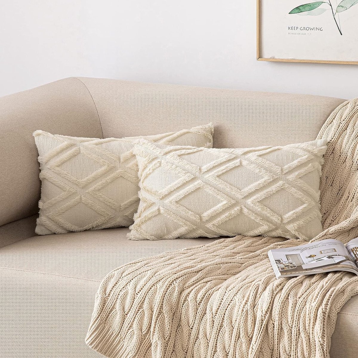 SnelShoppen - Set van 2 Decoratieve Kussenhoezen 40x60 cm - Boho Stijl - Zacht Polyester met Wolpatroon - Beige voor Sofa, Slaapkamer en Woonkamer