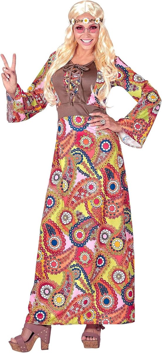 SnelShoppen - Hippie Jurk voor Vrouwen met Vest en Vredesteken - Multicolore Flower Power Kostuum M - Perfect voor Carnaval, Themafeesten, Festivals