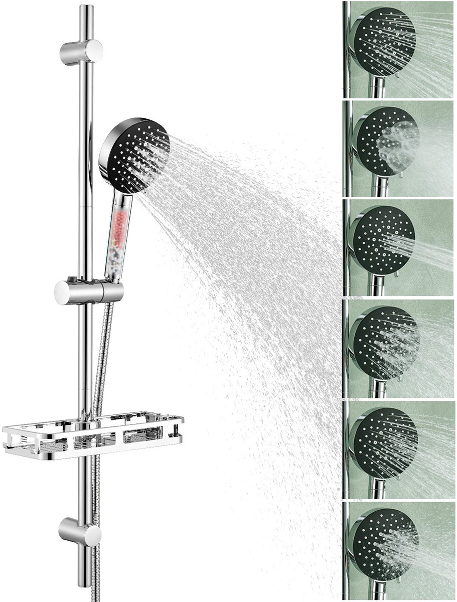 Auralum Max Glijstangset - Doucheset Met Handdouche - 90 cm Glijstang - Inclusief Doucheplank - handdouche met Filter - Douchekop Ø 12 cm - 6 Standen - Doucheslang 150 cm - Chroom&Zwart