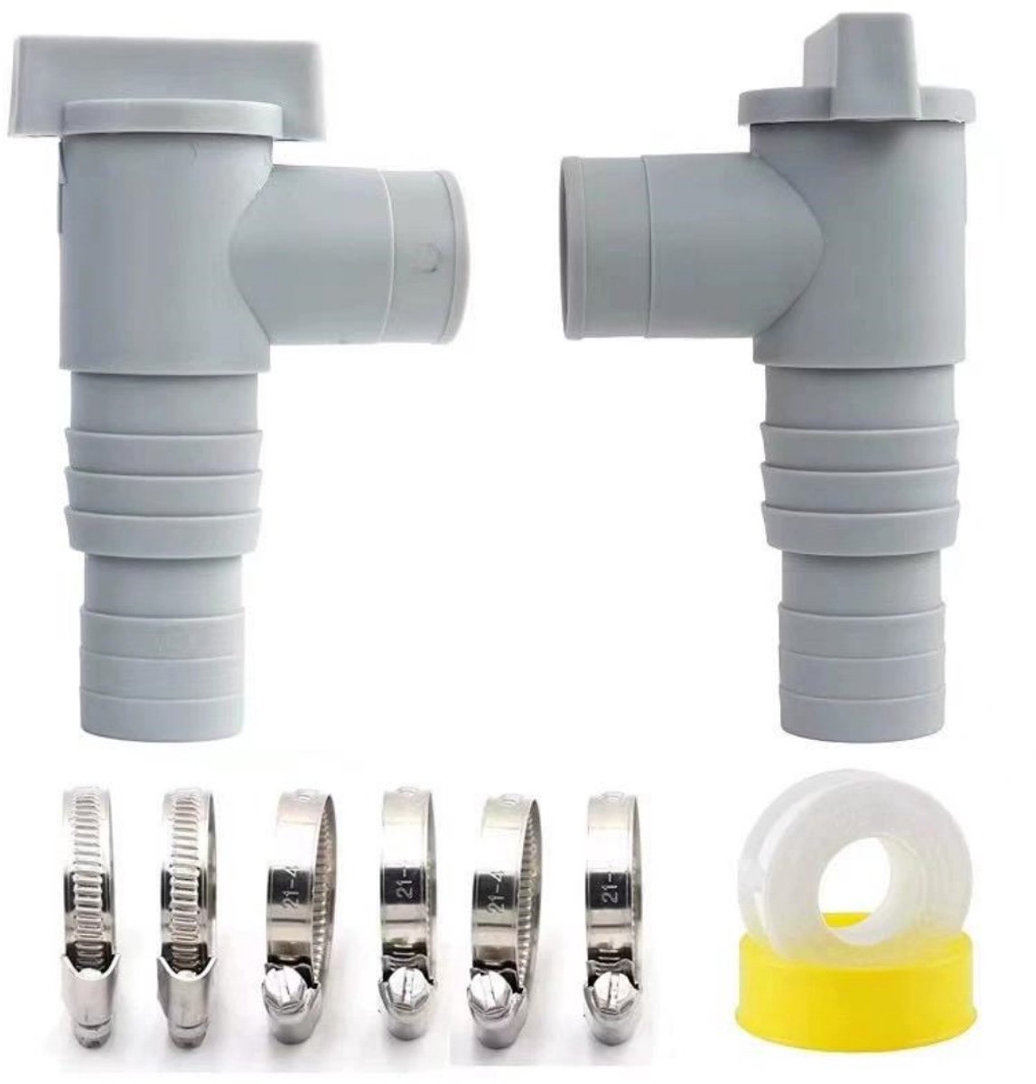 GELLDG 2 Stuks Absperrhahn voor Zwembad - Zwembadfilteronderdeel - Geschikt voor 32mm Slangaansluiting op 38mm - Incl. 6 Slangklemmen - Voor Bovenliggende Zwembaden en Pomp Onderhoud - Kunststof - 1 Set