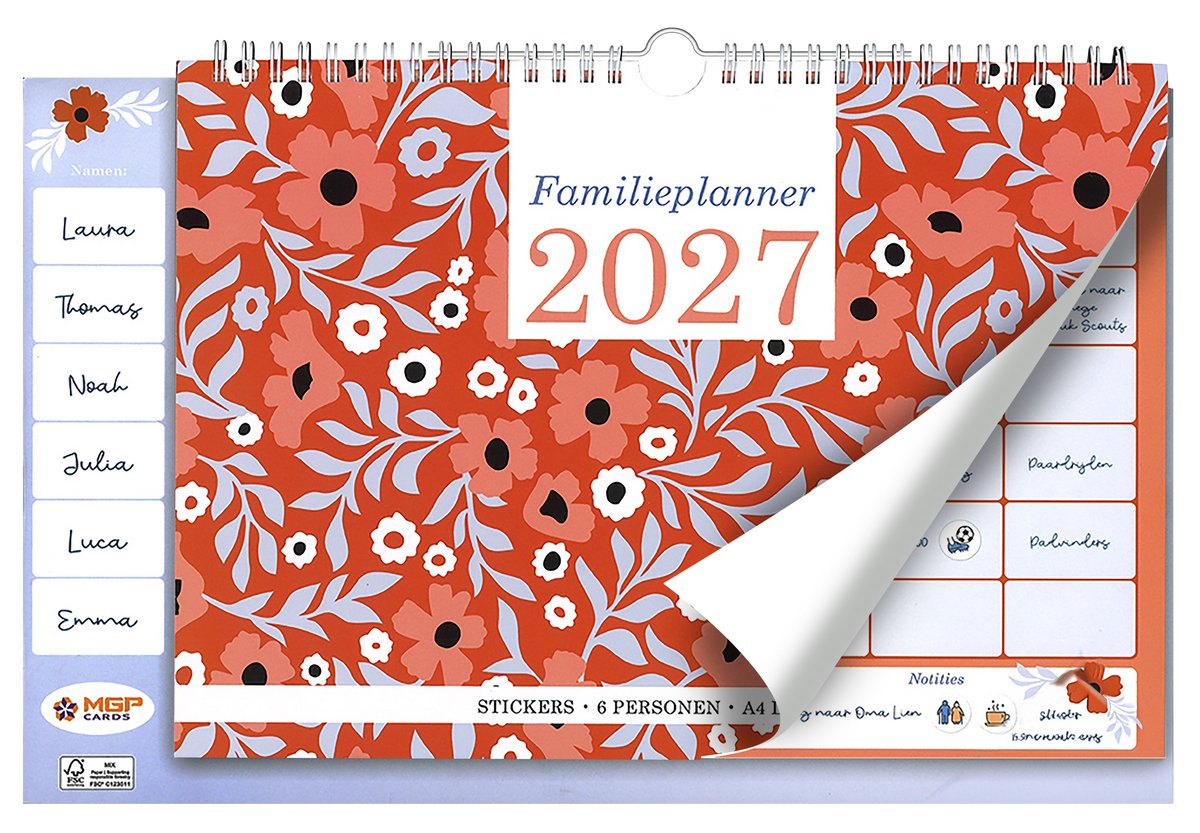 MGPcards - Family Planner 2027 - Weekplanner - Week begint op maandag - 34 x 24,5 cm - Rood - Met stickers