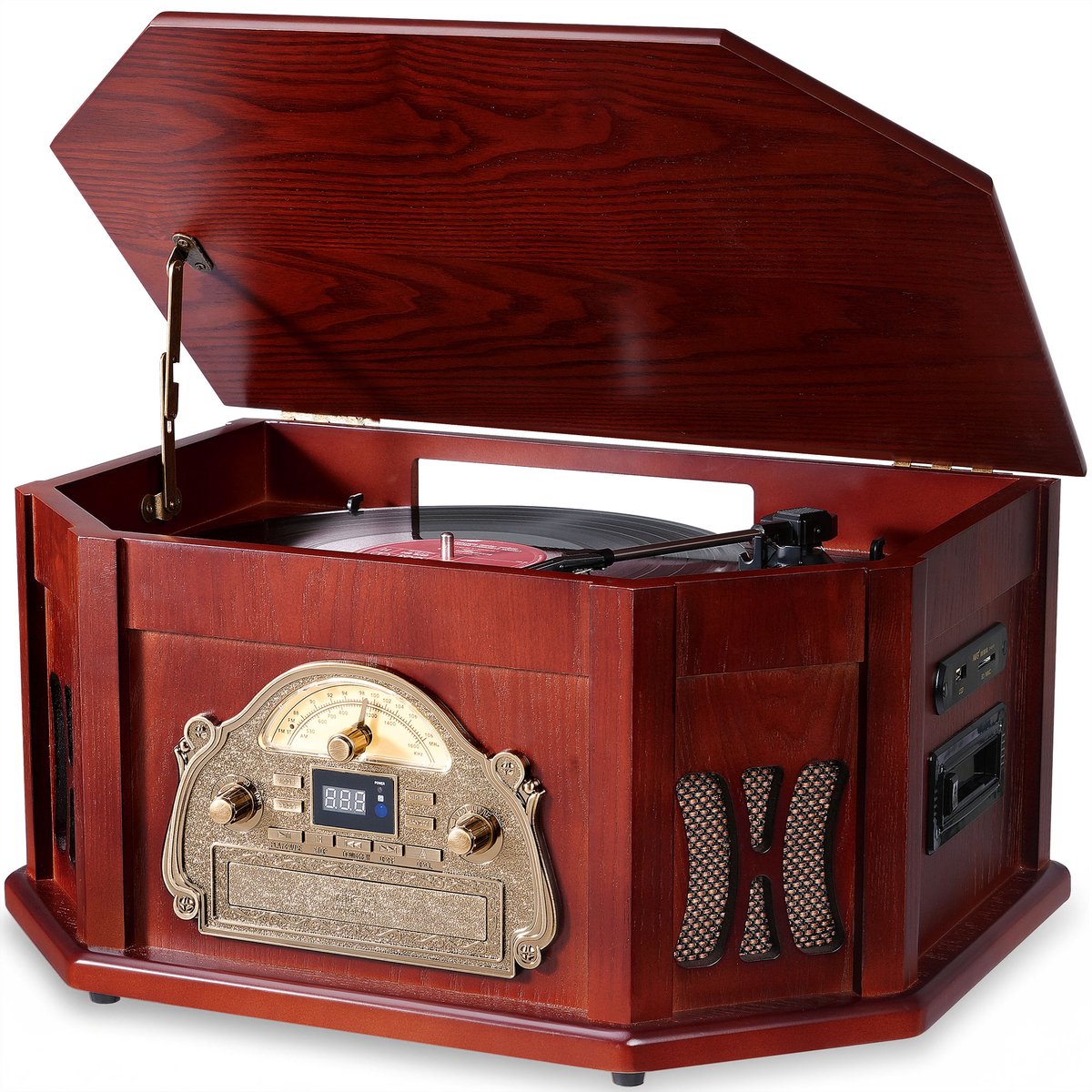 ORCC 10-in-1 Platenspeler Vintage – Bluetooth Vinyl Platenspeler met USB, CD, SD, AUX, RCA, Ingebouwde Stereo Speakers, Afstandsbediening, 33/45/78 RPM en Houten Retro Design – Mahonie