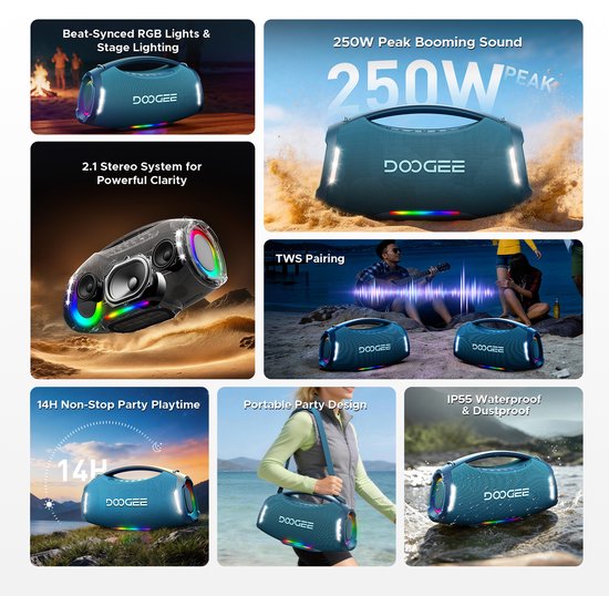 DOOGEE Wild Boom Pro - Bluetooth Speaker - Draadloze Bluetooth Speaker met Afneembare Draagriem - Waterdicht - Blauw — afbeelding 2