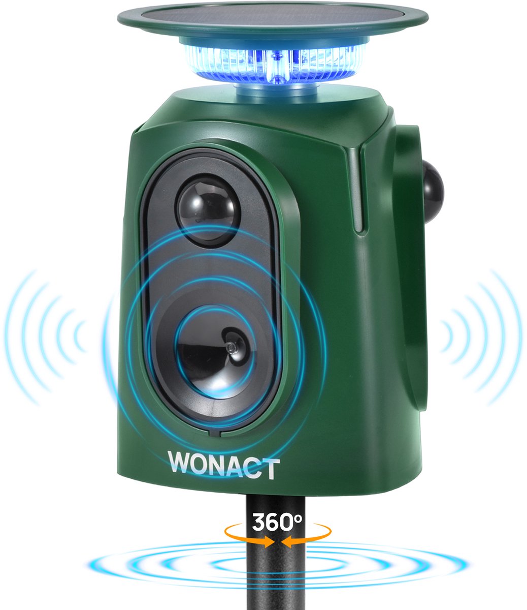Wonact Dierenverjager - Ultrasone Kattenverjager - Marterverjager - Muizenverjager - Kattenverjager op Zonne-energie & USB-C - Verjager voor Katten, Marters, Muizen & Ratten en meer - Voor de Tuin - 360° Bescherming - Waterdicht IP65