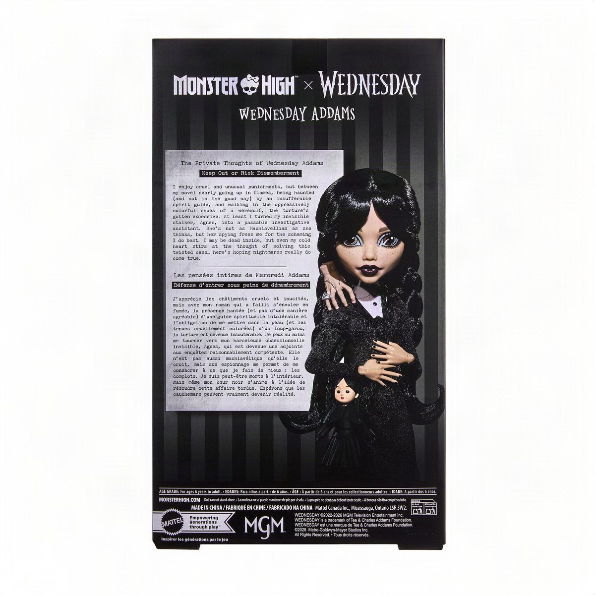 Monster High x Wednesday verzamelpop - Wednesday Addams in zwarte jurk met Thing als accessoire — afbeelding 5