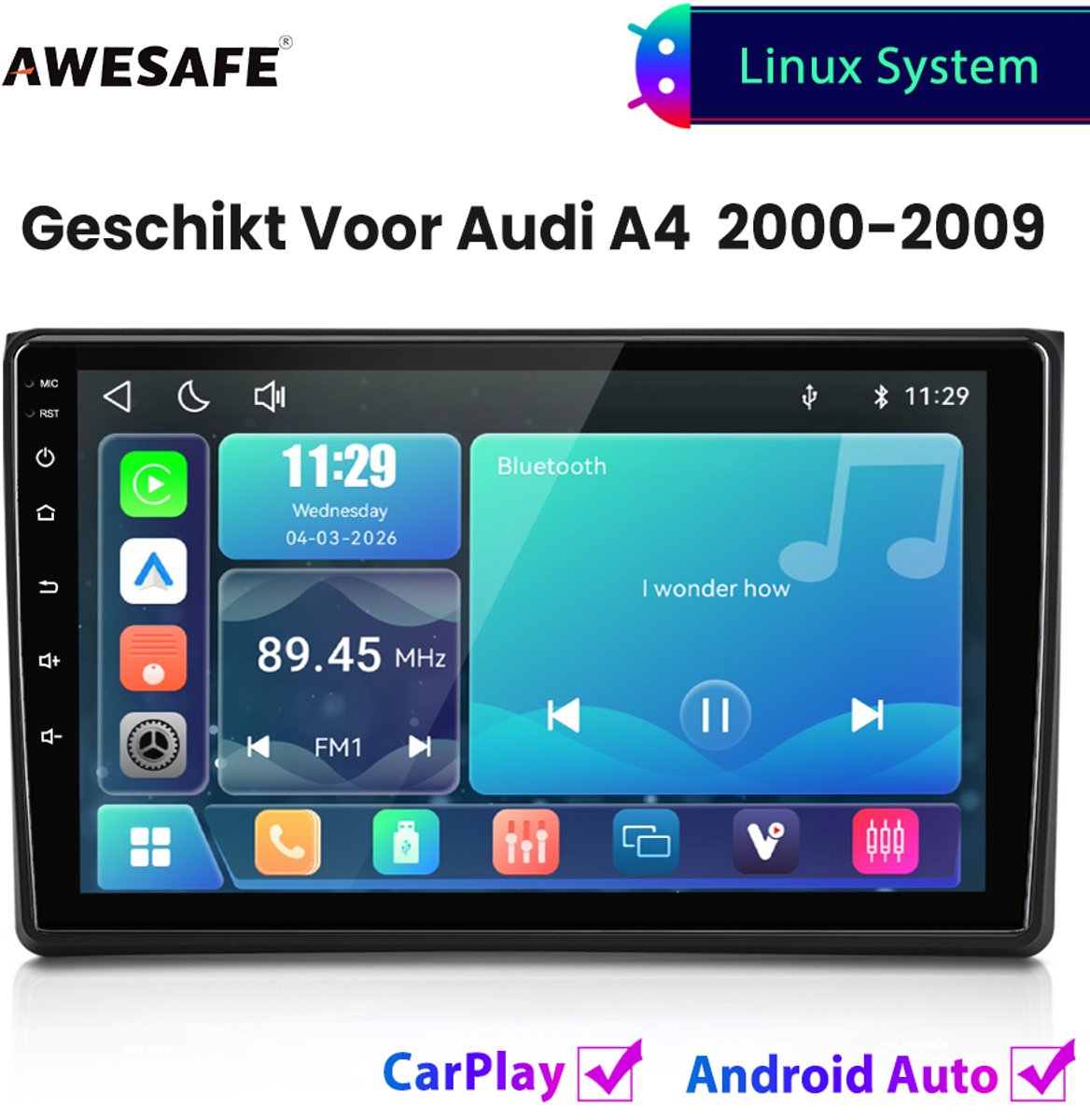 Awesafe Autoradio - Geschikt Voor Audi A4 2000 t/m 2009 - Draadloos Carplay Android Auto - Linux systeem - Touchscreen - Bluetooth Wifi - 2001 2002 2003 2004 2005 2006 2007 2008 2009