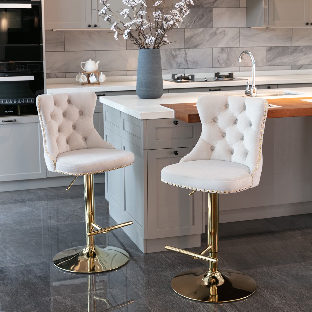 Clruro Barkrukken - 25-33 Inch - 2 Stuks Draaibaar - Verstelbaar - Fluweel/Metaal - Beige/Goud