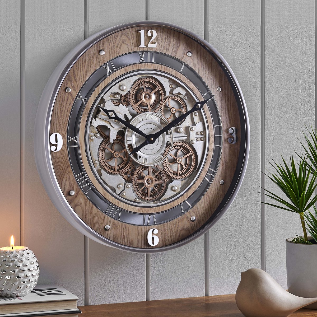 Fresco Wandklok Ø 60 cm – Vintage Wood – Bewegende Tandwielen – Houtlook – Industrieel – Stil Uurwerk — cadeau in Wonen & Interieur - foto 5
