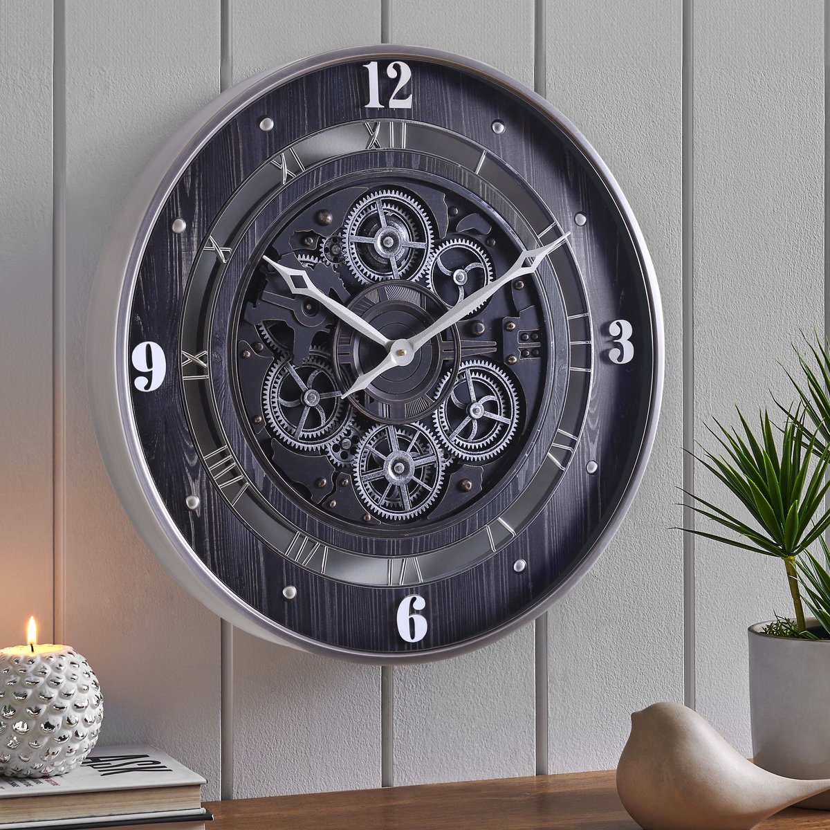 Fresco Wandklok 60 Ø cm met Bewegende Tandwielen – Black Wood & Silver – Grote Industriële Wandklok — cadeau in Wonen & Interieur - foto 6