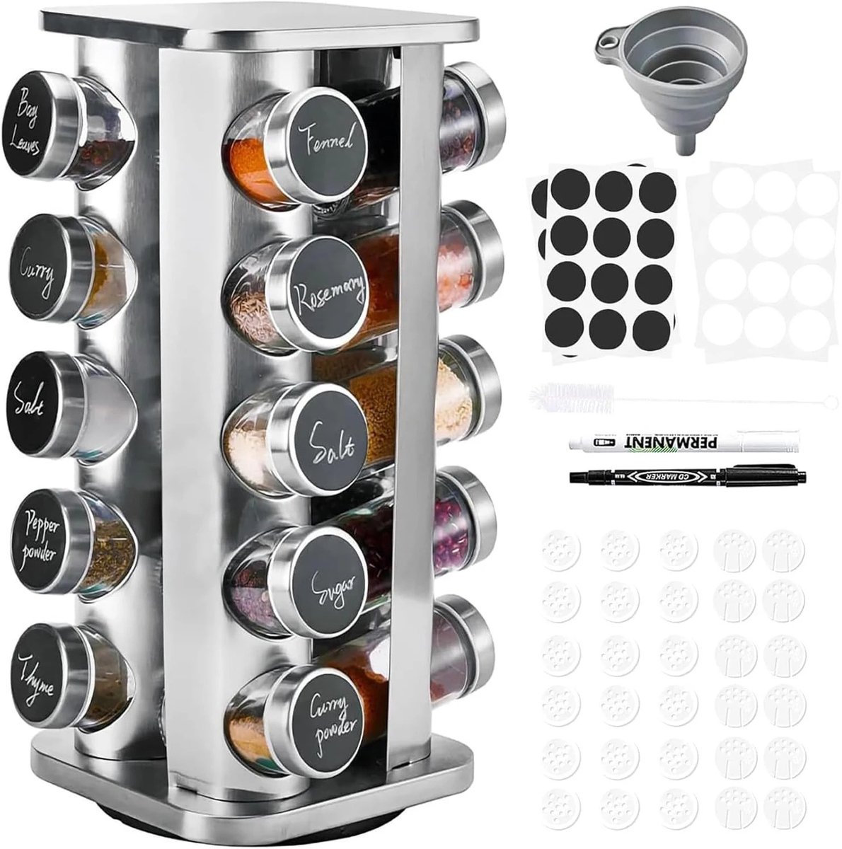 6Seven - Kruidenpotjes - Kruiden organizer - Kruidenpotjes met stickers - Kruidenpotjes vierkant - 24x120 ml - Acaciahouten dienblad
