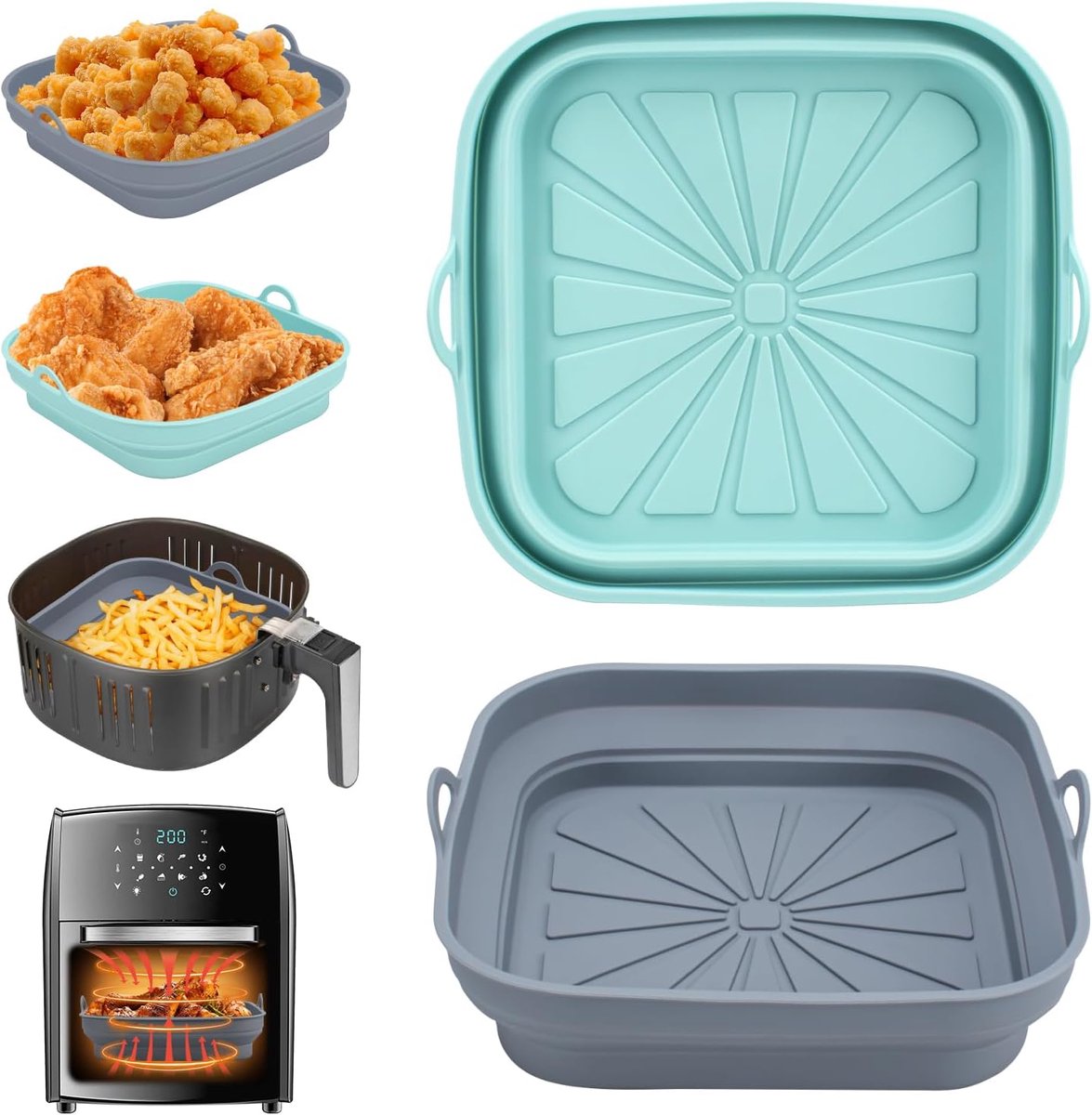 Airfryer Siliconen Pot 2 Stuks - Herbruikbare Airfryer Mand Liners - Opvouwbare Anti-aanbak Tray voor Airfryer, Magnetron, Oven (Blauw en Grijs)