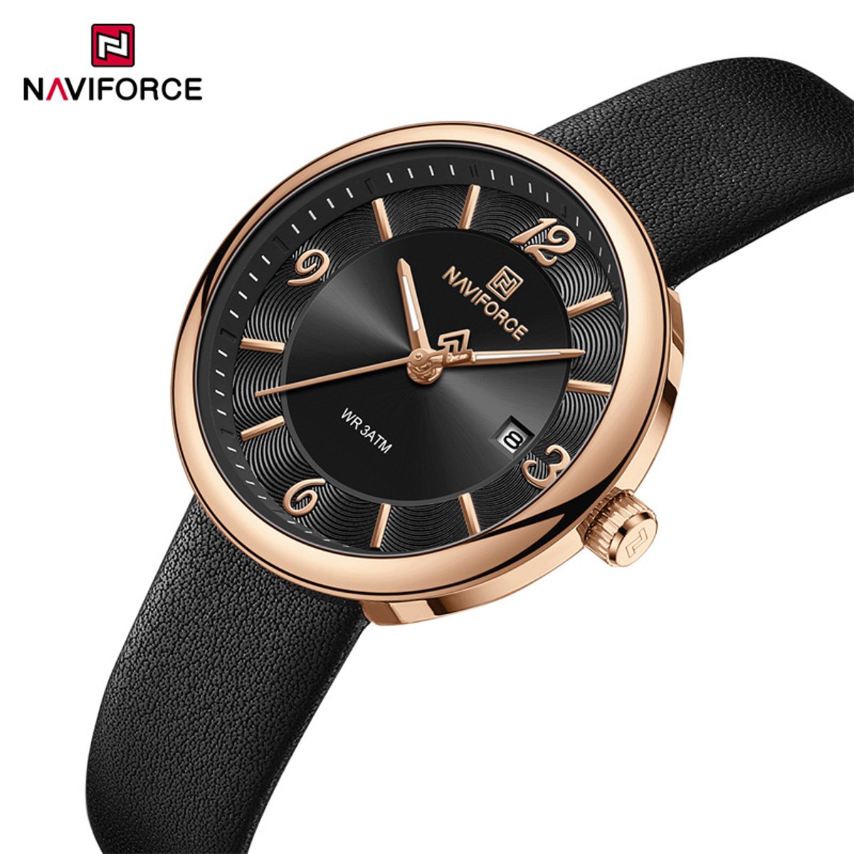 NAVIFORCE horloge met zwarte lederen polsband, zwarte wijzerplaat en gouden horlogekast voor dames met stijl ( model 5076 RGBB )