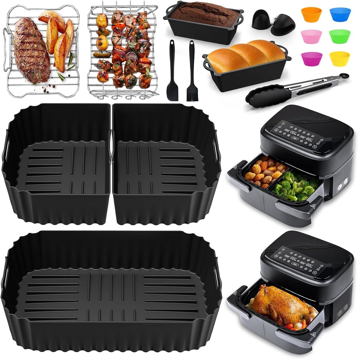 Airfryer Accessoires voor Philips Dual Flexbasket Airfryer 1000 Series 7.1L, 3-delig Siliconen Inzetstukken, Grillrek, Cakevorm, Broodvorm, voor Philips NA154/00