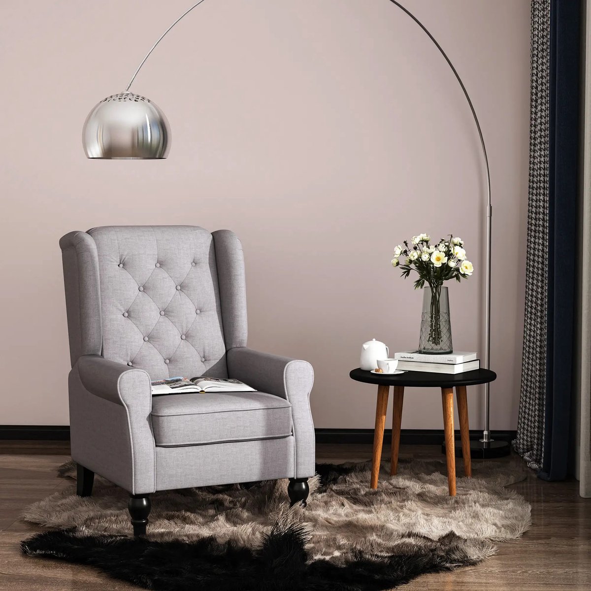 MODENUIT Fauteuil 74 x 86 x 102 cm - Ohrensessel Met Knopen - Voor Woonkamer En Leeshoek - Polyester - Grijs