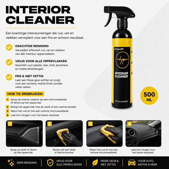 Fles met spuitmond voor "Interior Cleaner", 500 ml. Zwarte fles met geel en zwart label. Verduidelijkt de interieurreiniging.
