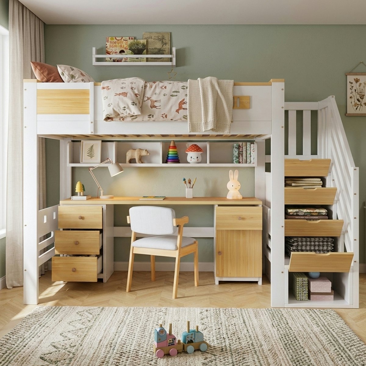 Kinderbed, Hoogslaper 90X200 cm, Wit, Naturel Hout, Houten Bed Met Bureau, Lades, Opbergtrap En Hangplank, Ruimtebesparend En Functioneel Bed Voor De Kinderkamer