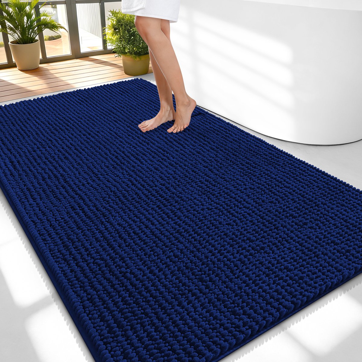 Olanly Badmat Antislip – Chenille Douchemat – Badmat Badkamer – Super Absorberend Deuropmat – Marineblauw – 89X150cm